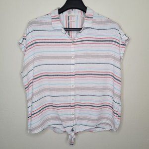 Weatherproof Washable Linen Button Front Tie Top, Size XL